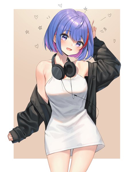 Anime picture 2696x3508 with original xi xeong single tall image looking at viewer highres short hair breasts open mouth blue eyes simple background smile bare shoulders blue hair purple hair ahoge long sleeves head tilt :d multicolored hair