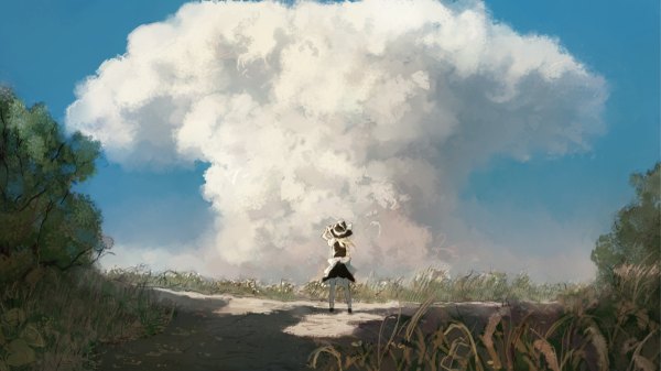 Anime picture 1200x675 with touhou kirisame marisa yushika single long hair blonde hair wide image standing sky cloud (clouds) full body from behind adjusting hat girl plant (plants) hat tree (trees) grass witch hat