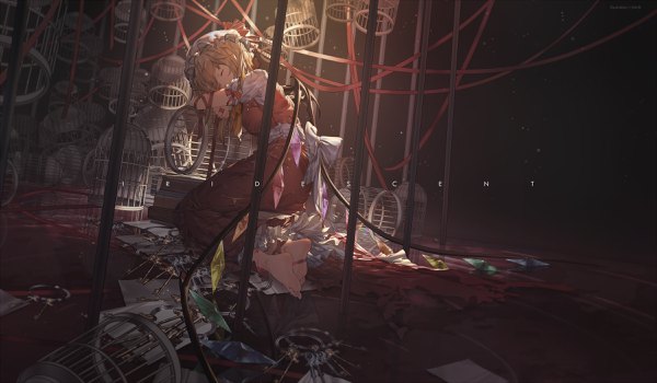 Anime picture 2400x1400 with touhou flandre scarlet mivit single long hair highres blonde hair wide image sitting signed full body eyes closed barefoot inscription side ponytail light reflection sleeping vampire injury
