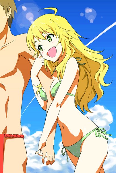 Anime picture 742x1100 with idolmaster idolmaster (classic) hoshii miki ginmaru long hair tall image blush short hair open mouth light erotic blonde hair brown hair green eyes looking away sky cloud (clouds) ahoge :d lens flare solo focus