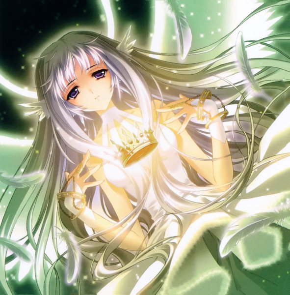 Anime picture 2661x2705 with aquarian age nathanael carnelian single long hair tall image looking at viewer fringe highres purple eyes bare shoulders holding animal ears payot upper body white hair scan night official art dutch angle