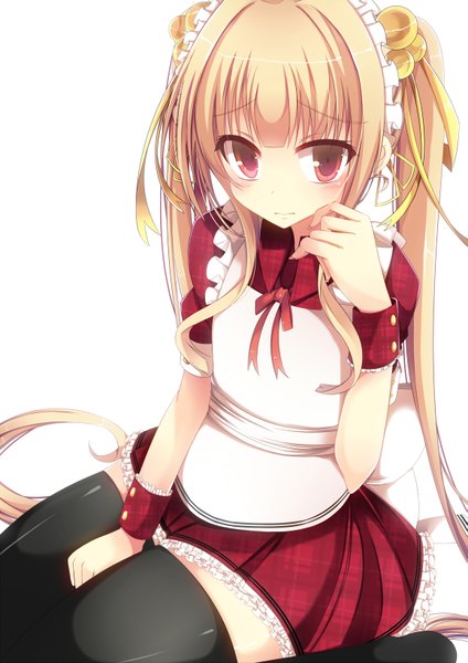 Anime picture 1157x1636 with original moe2015 bloodcatblack (tsukiko) single long hair tall image blush simple background blonde hair red eyes white background twintails maid girl thighhighs uniform ribbon (ribbons) black thighhighs hair ribbon headdress