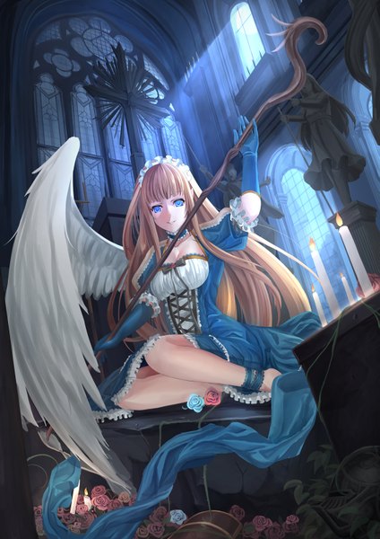 Anime picture 1131x1600 with original rayxray single long hair tall image blue eyes blonde hair smile sitting girl dress gloves flower (flowers) wings headdress rose (roses) cross staff candle (candles) statue