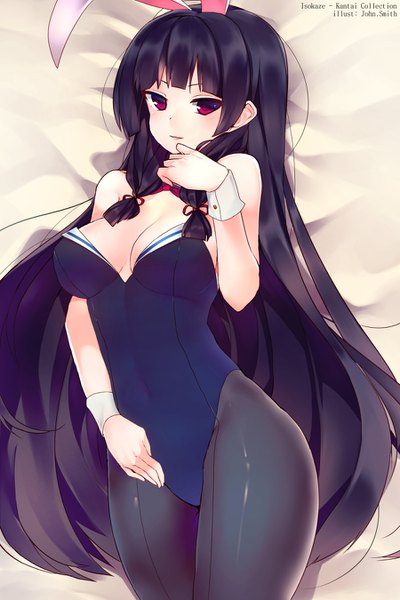 Anime-Bild 900x1350 mit kantai collection isokaze destroyer john smith (artist) single long hair tall image looking at viewer blush fringe breasts open mouth light erotic black hair smile red eyes signed animal ears cleavage lying on back