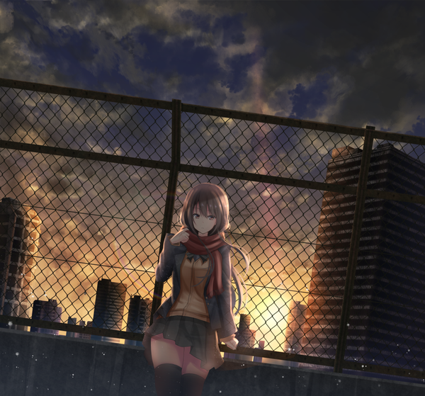 Anime picture 1000x932 with original denpa (denpae29) single long hair brown hair standing brown eyes sky cloud (clouds) pleated skirt arm up sunlight open jacket dutch angle zettai ryouiki outstretched arm city evening sunset cityscape