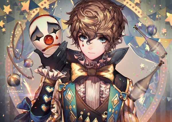 Anime picture 1024x726 with cyphers lysander kawacy single looking at viewer fringe short hair blue eyes blonde hair hair between eyes holding head tilt arm up lips face paint clown boy gloves bow black gloves