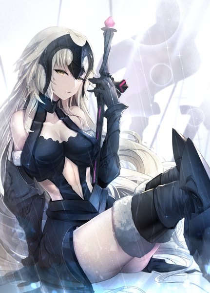 Anime picture 690x960 with fate (series) fate/grand order jeanne d'arc (fate) (all) jeanne d'arc alter (fate) jeanne d'arc alter (avenger) (third ascension) (fate) limeblock single long hair tall image looking at viewer fringe breasts light erotic hair between eyes sitting bare shoulders holding yellow eyes silver hair arm support