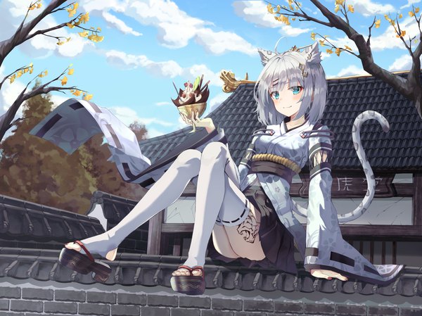 Anime picture 4466x3344 with original kerno single looking at viewer blush fringe highres short hair light erotic smile sitting holding animal ears absurdres sky silver hair cloud (clouds) full body ahoge outdoors