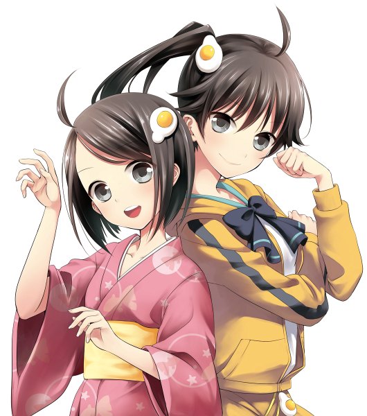 Anime picture 1059x1200 with nisemonogatari shaft (studio) monogatari (series) araragi karen araragi tsukihi taishou tanaka long hair tall image short hair open mouth black hair simple background smile white background multiple girls ahoge ponytail japanese clothes black eyes side ponytail