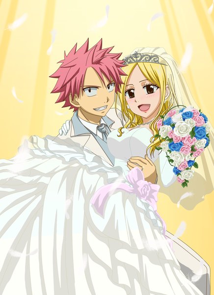 Anime picture 701x965 with fairy tail lucy heartfilia natsu dragneel bluesnowcat long hair tall image looking at viewer blush fringe short hair blonde hair brown eyes pink hair light smile arm support couple lipstick makeup clenched teeth carrying