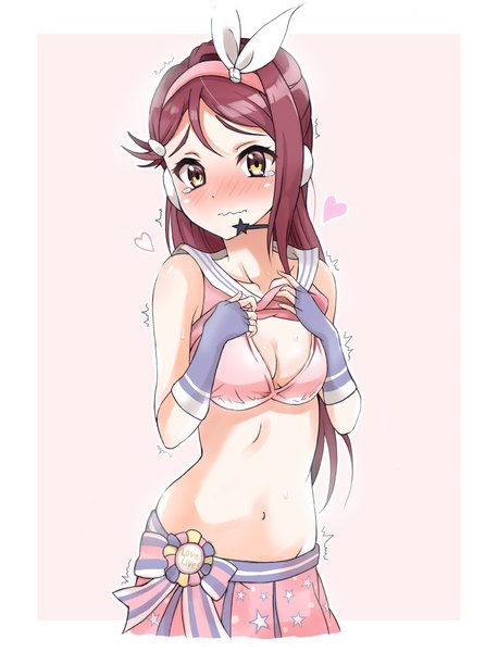 Anime picture 764x1000 with love live! sunshine!! sunrise (studio) love live! sakurauchi riko aranami shibuki single long hair tall image looking at viewer blush fringe breasts light erotic simple background hair between eyes yellow eyes cleavage red hair bare belly tears