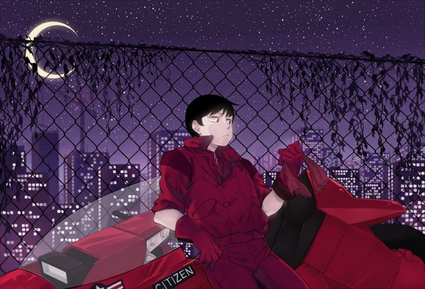 Anime picture 2000x1360 with akira kaneda shoutarou kyodai ninjin single highres black hair holding black eyes night arm support leaning night sky crescent city lights boy gloves plant (plants) jacket moon star (stars)