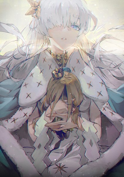 Anime picture 1236x1754 with fate (series) fate/grand order anastasia (fate) viy (fate) hxxg single long hair tall image looking at viewer fringe blue eyes silver hair upper body parted lips hair over one eye girl mantle doll (dolls)