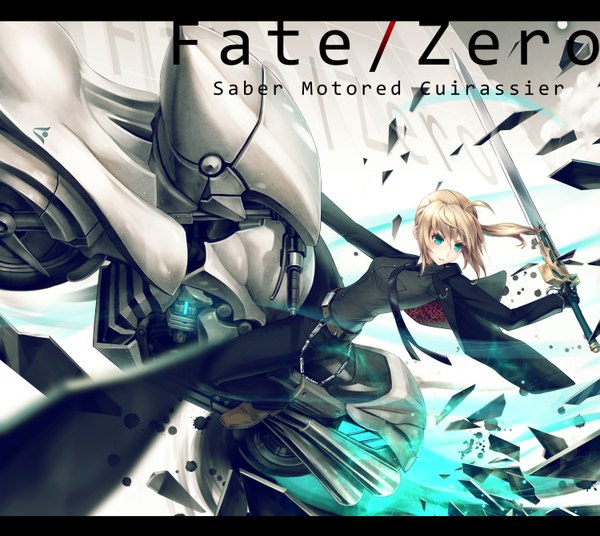 Anime picture 1500x1342 with fate (series) fate/zero type-moon artoria pendragon (all) saber single blush fringe short hair blonde hair ponytail aqua eyes glowing girl gloves weapon shirt sword necktie belt