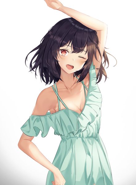 Anime picture 2831x3853 with original jmin single tall image looking at viewer blush fringe highres short hair breasts open mouth black hair simple background smile red eyes standing bare shoulders cleavage head tilt one eye closed