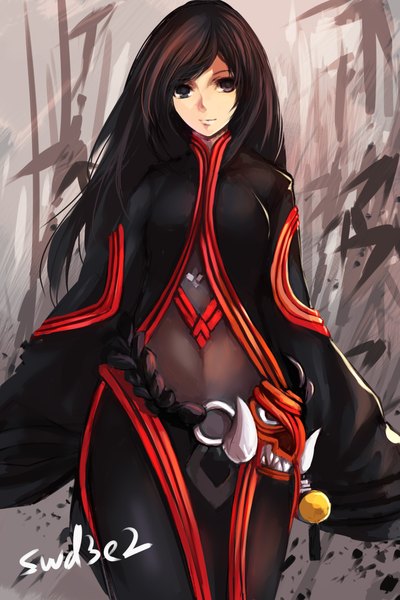 Anime picture 1417x2125 with blade & soul swd3e2 single long hair tall image looking at viewer brown hair signed braid (braids) black eyes girl dress