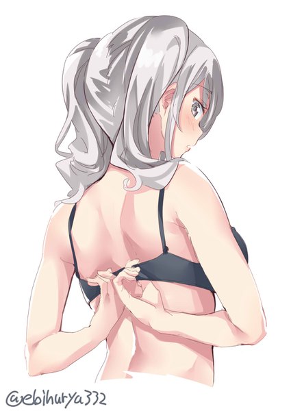 Anime picture 991x1400 with kantai collection kashima training cruiser ebifurya single long hair tall image looking at viewer blush light erotic simple background white background twintails bare shoulders signed silver hair upper body profile looking back from behind grey eyes