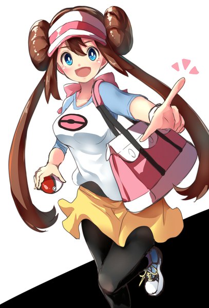 Anime picture 679x1000 with pokemon pokemon black and white nintendo rosa (pokemon) e-co single long hair tall image looking at viewer fringe open mouth blue eyes hair between eyes brown hair twintails :d hair bun (hair buns) pointing girl bag