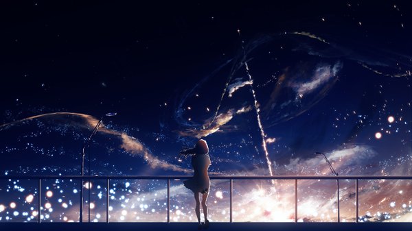 Anime picture 2560x1440 with original y y (ysk ygc) long hair highres wide image standing sky cloud (clouds) full body wind from behind back glowing evening sunset hands behind back fantasy wind lift girl dress