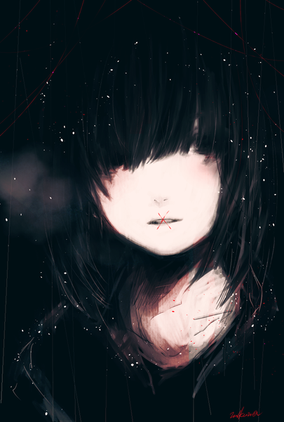 Anime picture 689x1020 with original 3kuma single tall image looking at viewer short hair black hair signed upper body parted lips black eyes portrait pale skin hair over eyes gloom girl
