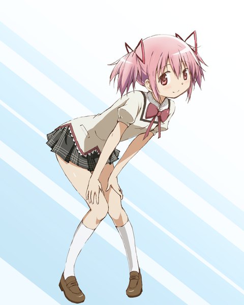 Anime picture 1024x1280 with mahou shoujo madoka magica shaft (studio) kaname madoka kinfuji single tall image looking at viewer blush fringe simple background smile hair between eyes standing twintails pink hair full body pink eyes short sleeves leaning leaning forward
