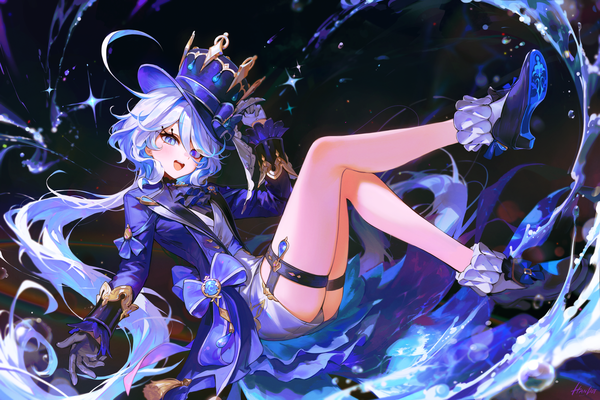 Anime picture 3500x2333 with genshin impact furina (genshin impact) handot (d yot ) single long hair looking at viewer fringe highres open mouth blue eyes absurdres silver hair full body ahoge :d hair over one eye bare legs girl gloves water