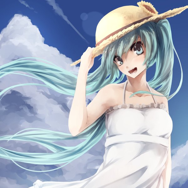 Anime picture 1500x1500 with vocaloid hatsune miku kyouya (mukuro238) single looking at viewer open mouth twintails sky cloud (clouds) very long hair aqua eyes aqua hair girl hat sundress straw hat