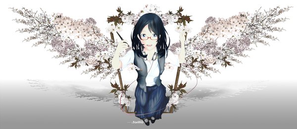 Anime picture 3000x1312 with original turin wave (artist) single long hair looking at viewer highres open mouth blue eyes black hair smile wide image sitting inscription teeth headphones around neck girl skirt flower (flowers) wings glasses