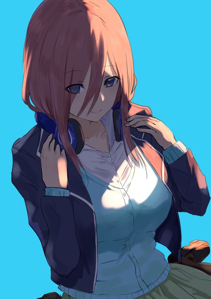 Anime picture 1748x2480 with go-toubun no hanayome nakano miku misaki nonaka single long hair tall image looking at viewer fringe highres breasts blue eyes simple background smile hair between eyes brown hair sitting payot upper body open clothes wariza