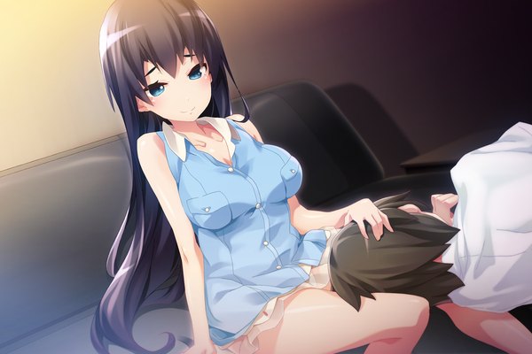 Anime picture 2250x1500 with brava! long hair looking at viewer blush highres short hair blue eyes black hair smile game cg lying couple girl dress boy couch
