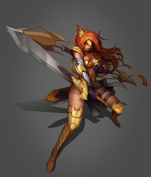 Anime picture 800x936 with marvel comics angela (marvel comics) gloomines (evolvis) single long hair tall image looking at viewer simple background pink eyes orange hair grey background fighting stance girl weapon sword belt armor