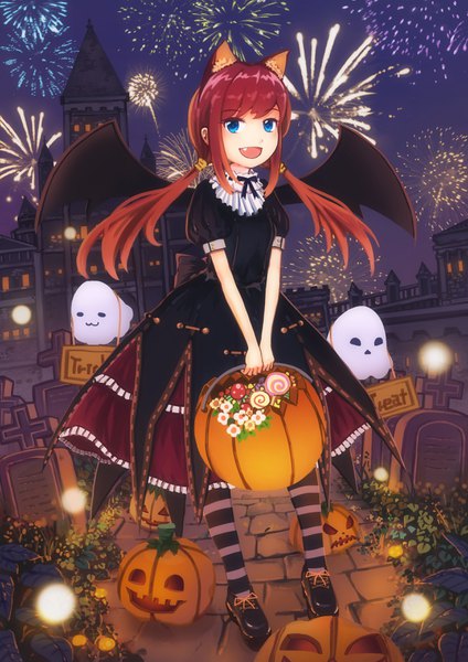 Anime picture 2480x3508 with original mitsuki (yu hsiang yi) single long hair tall image looking at viewer highres open mouth blue eyes brown hair twintails animal ears puffy sleeves low twintails halloween demon wings ghost fireworks girl thighhighs