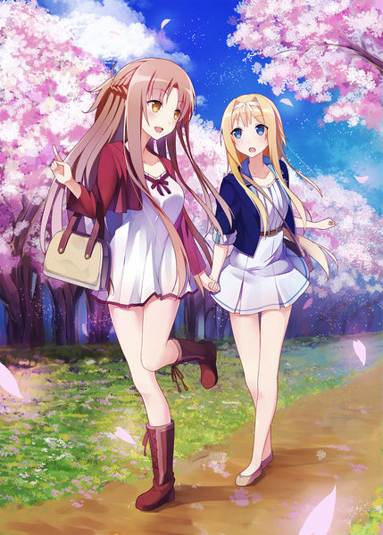 Anime picture 1296x1812 with sword art online sword art online: alicization a-1 pictures yuuki asuna alice zuberg .com long hair tall image blush fringe breasts open mouth blue eyes blonde hair smile brown hair standing multiple girls holding yellow eyes