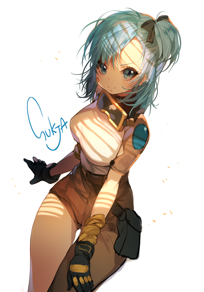 Anime picture 700x1000 with original sorolp single tall image looking at viewer blush fringe short hair breasts simple background large breasts white background sitting signed aqua eyes from above light smile aqua hair arm support shadow