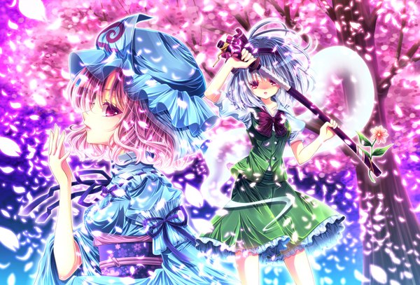 Anime picture 2000x1357 with touhou konpaku youmu saigyouji yuyuko highres multiple girls pink hair girl ribbon (ribbons) 2 girls plant (plants) hat petals sword tree (trees) katana yukata