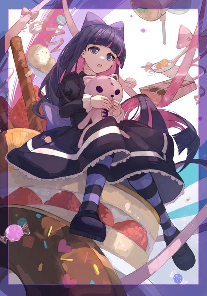 Anime picture 3134x4487 with panty & stocking with garterbelt anarchy stocking umbra zhuitaiyang single long hair tall image fringe highres black hair pink hair absurdres full body blunt bangs multicolored hair from below colored inner hair framed girl dress bow