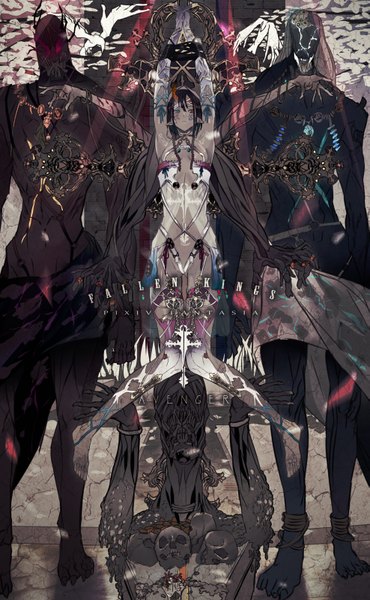 Anime picture 987x1600 with original pixiv fantasia pixiv fantasia fallen kings tazuma (u283) tall image short hair light erotic red eyes brown hair green eyes barefoot aqua eyes pointy ears arms up tattoo copyright name dark skin bondage multicolored eyes face paint