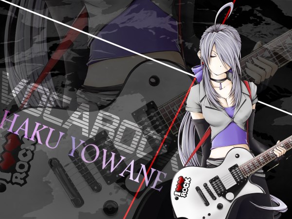 Anime picture 1200x900 with vocaloid yowane haku mujun (zipper) single long hair fringe silver hair ahoge eyes closed hair over one eye girl musical instrument guitar