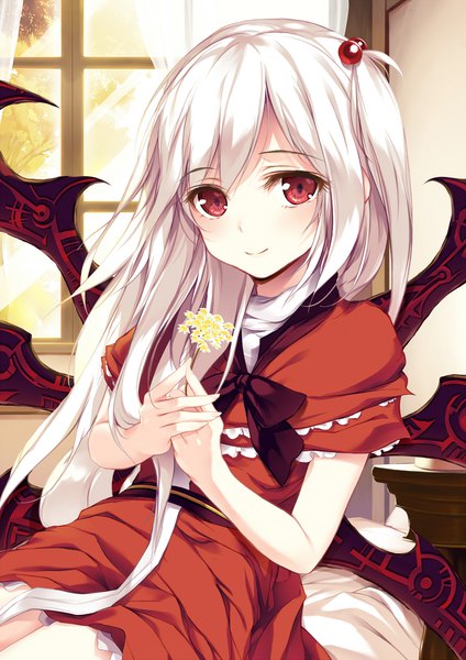 Anime picture 1550x2192 with touhou shinki (touhou) eien no juu nana-sa single long hair tall image looking at viewer blush fringe smile hair between eyes red eyes sitting holding white hair indoors sunlight one side up sunbeam multiple wings