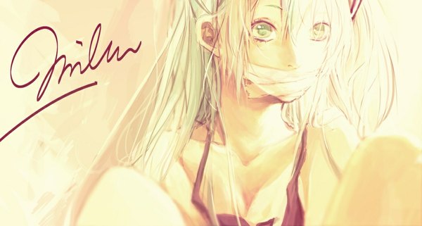 Anime picture 1024x548 with vocaloid hatsune miku si (pixiv) single long hair blush wide image sitting bare shoulders green eyes looking away green hair spread legs character names torn clothes girl lingerie bra bandage (bandages) black bra