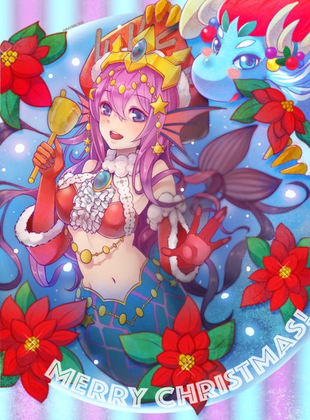 Anime picture 1048x1420 with puzzle & dragons siren (p&d) mst1ng long hair tall image looking at viewer blush fringe breasts blue eyes smile hair between eyes purple eyes pink hair christmas fantasy merry christmas girl gloves navel
