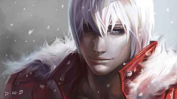 Anime picture 2048x1152 with devil may cry dante (devil may cry) dantewontdie single highres short hair blue eyes wide image white hair one eye closed light smile wink realistic snowing winter boy choker jacket fur