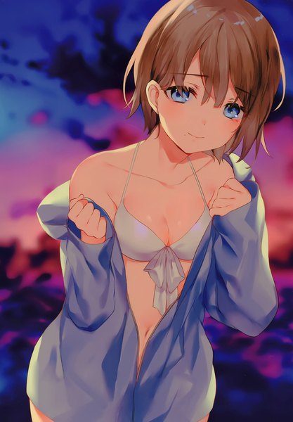 Anime picture 2789x4015 with original achiki single tall image looking at viewer blush fringe highres short hair blue eyes light erotic smile hair between eyes brown hair standing cleavage outdoors long sleeves scan off shoulder