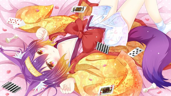 Anime picture 1420x800 with no game no life madhouse hatsuse izuna umi suzume single looking at viewer blush fringe short hair red eyes wide image animal ears tail lying animal tail multicolored hair wide sleeves on back fox ears fox tail
