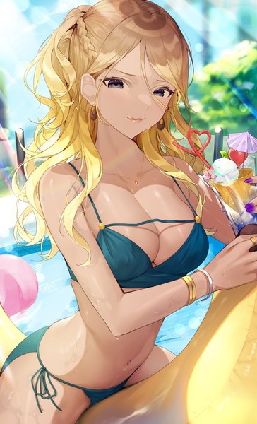 Anime picture 1700x2799 with idolmaster idolmaster shiny colors izumi mei koyo akio single long hair tall image looking at viewer fringe breasts light erotic blonde hair hair between eyes large breasts sitting sky cleavage cloud (clouds) outdoors braid (braids)
