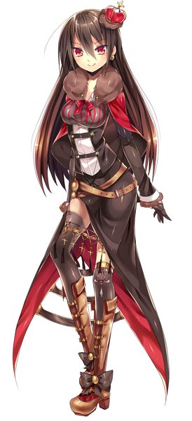 Anime picture 700x1530 with original kuroguren single long hair tall image looking at viewer blush simple background smile red eyes brown hair white background fur trim girl thighhighs dress gloves bow boots belt