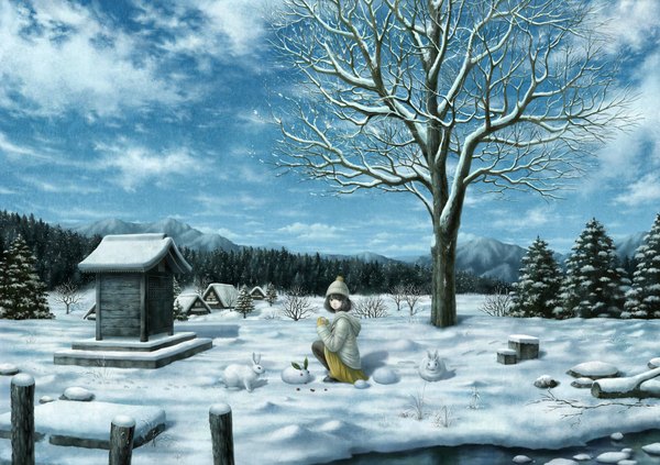 Anime picture 1158x818 with original fuumi (kazami) single looking at viewer short hair black hair sky grey eyes winter snow squat scenic bare tree girl skirt gloves plant (plants) hat animal pantyhose