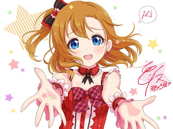 Anime picture 1024x768 with love live! school idol project sunrise (studio) love live! kousaka honoka yuuki (yukinko-02727) single looking at viewer blush fringe short hair open mouth blue eyes blonde hair bare shoulders one side up outstretched arm close-up girl bow earrings