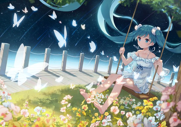 Anime picture 2829x2000 with vocaloid hatsune miku yue yue single blush fringe highres twintails bare shoulders holding looking away full body bent knee (knees) outdoors very long hair barefoot aqua eyes wind blurry aqua hair