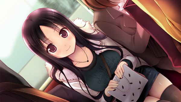 Anime picture 1280x720 with offline shoujo chain-sou (studio) osaki rikka daikanyama ebisu long hair looking at viewer blush fringe short hair black hair smile wide image sitting multiple girls pink eyes from above sunlight open clothes open jacket girl